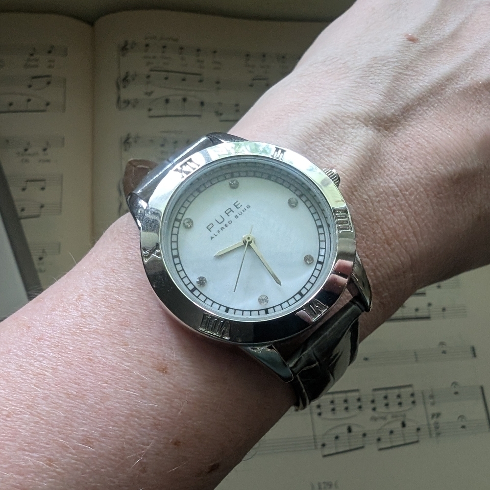 Pure By Alfred Sung Silver and White Watch With Mother Of Pearl Dial